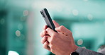 Hands, typing and person with smartphone, business and research for industry trends on web, bokeh and app. Online, media manager and employee with tech for info, mobile or plan for marketing campaign