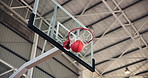 Empty, games and basketball in net, hoop and competition in campus court, pole and sports in university. Match, scoring and achievement in college gymnasium, dunk and win in school stadium or victory