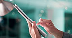 Hands, typing and person with tablet, office and research for industry trends on web, bokeh and app. Online, media manager and employee with tech for info, browsing or planning for marketing campaign