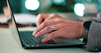Hands, business and man typing on laptop for research, planning schedule and financial report. Closeup, person and information for email feedback, finance management and investment proposal in office