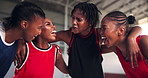 Netball, people or team talking in sports huddle for fitness, support or motivation in indoor competition. Black women, group leader or girl athletes screaming for inspiration, exercise or training