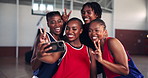 Sports, team and smile with peace sign in selfie for game practice, training break and checking picture. Black people, girls and photo for basketball memory, social media post or tournament on court