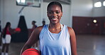 Smile, face and fitness with black woman on basketball court for competition game, training and sports. Workout, athlete and talent with female person in gym for challenge, exercise and wellness