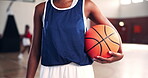 Hands, ball and sports with black woman on basketball court for competition game, training and fitness. Workout, athlete and talent with female person in gym for challenge, exercise and wellness
