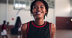 Athlete, face and sports with black woman on basketball court for competition game, training and fitness. Workout, smile and talent with female person in gym for challenge, exercise and wellness