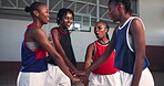 Hands together, success and teamwork with black women on basketball court for sports, game and friends. Solidarity, training plan and competition with group of people in gym for fitness and applause
