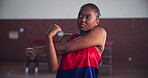 Athlete, black woman and warm up arms on court for start of game, match and fitness. Basketball player, stretching and ready of sport competition, training preparation and workout of practice session