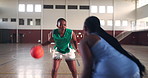 Basketball, fitness and dribble with black people on court for game, challenge and competition. Exercise, training and team with women in gym practice for athlete, workout and energy together