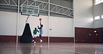 Basketball, score and training with black people on court for sports, challenge and game. Shooting, competition and fitness with women in gym practice for athlete, workout and energy together