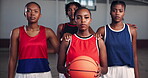 Face, support and teamwork with black women on basketball court for sports, game and friends. Solidarity, training and competition with group of people in gym for fitness, exercise and community