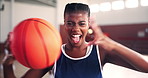 Basketball, face and player screaming with ball on court for game passion, training energy and ready for match. Sports, fitness and girl with shouting for workout preparation or tournament adrenaline
