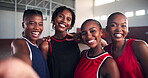 Basketball, team and happy in selfie on court with peace sign, fitness practice or sport support. Black people, girls or photography for tournament memory, profile picture update or social media post