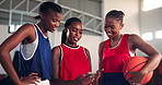 Women, basketball or friends with phone in college on social media for break or entertainment. Court, talking and African girl athlete with mobile for workout, sports scholarship or fitness training
