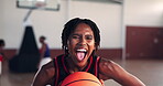 Basketball, face and player shouting with ball on court for game passion, determination and energy for match. Sports, fitness and girl with screaming for contest preparation or competition adrenaline