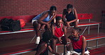 Selfie, basketball or friends with phone in school on social media for break, college or entertainment. Picture, smile or happy African athletes on mobile for photograph, sports games or training