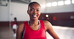 Fitness, face and woman in basketball court, happy and training for competition, college and sports. Laughing, athlete and black person in gymnasium for match, student and practice for game in Kenya