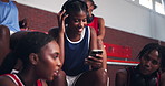 Sports girl, headphones or music with phone on bench for audio playlist, training break or laughing for chat. Basketball team, black person or smartphone subscription for social media meme or podcast