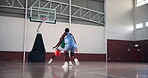 Black women, dribble and basketball sport on court with training, challenge and fitness game. Athlete, people and shooting to score with energy in gym, competition practice and match workout for goal
