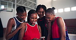Sports, team and smile with peace sign in selfie for match practice, fitness training or checking picture. Black people, girls or photo for basketball memory, social media post or game break on court