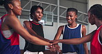 Hands together, support and teamwork with black women on basketball court for sports, game and friends. Solidarity, training plan and competition with group of people in gym for fitness and applause