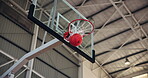Basketball, shot and score in net, hoop and competition in campus court, pole and sports in university. Match, empty and achievement in college gymnasium, dunk and miss in school stadium or victory