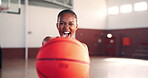 Basketball, face and player shouting with ball on court for match passion, practice energy and ready for competition. Sports, fitness and girl screaming for game preparation and tournament adrenaline