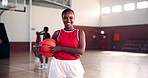Basketball, coach and face of woman on court for training, exercise and workout in gymnasium. Fitness, athlete and portrait of confident person with ball for match, competition and practice for game