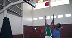 Basketball, score and sports with black people on court for game, challenge and competition. Shooting, training and fitness with women in gym practice for athlete, workout and energy together