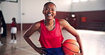 Basketball, ball and face of girl with laughing on court for practice joke, funny training break and ready for game. Sports, fitness and happy player with competition workout, tournament and exercise