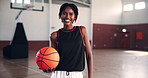 Basketball court, sports and face of woman for training, exercise and workout in gymnasium. Fitness, athlete and portrait of confident person with ball for match, competition and practice for game
