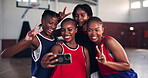 Sports, team and happy with peace sign in selfie for match practice, fitness training or friends. Black people, girls or photography for basketball memory, profile picture update or social media post