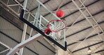 Basketball, games and shot in net, hoop and competition in campus court, pole and sports in university. Match, empty and achievement in college gymnasium, dunk and miss in school stadium or victory