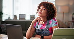 Thinking, woman and ideas with laptop at house for planning, choice and solution as graphic designer. Person, thoughts and online for decision, problem solving and proposal information of remote work