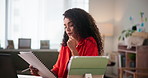 Thinking, woman and tablet with document at house for ideas, choice and financial solution. Person, planning and digital with paperwork of research, problem solving and budget proposal of remote work
