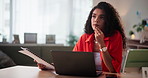 Planning, woman and laptop with document at house for ideas, choice and financial solution. Person, thinking and online with paperwork for research, problem solving and budget proposal of remote work