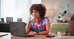 Thinking, woman and reading on laptop at house for planning, ideas and graphic designer solution. Person, thoughts and tablet with online research, problem solving choice and proposal for remote work
