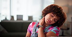 Bad posture, technology and businesswoman in office with neck pain, injury or discomfort. Hurt, overwhelmed and female journalist with stress, sprain or inflammation with poor ergonomics in workplace