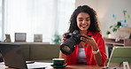 Camera, laptop and photography with woman in office for research or small business startup as entrepreneur. Agency, computer and creative with happy photographer at work for development or planning