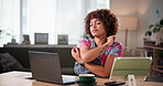 Laptop, smile and stretching with woman in office for research or small business startup as entrepreneur. Agency, computer and posture with happy employee in workplace for development or planning