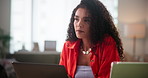 Business, thinking and woman in office, laptop and connection with creativity. Person, journalist and employee in workplace, computer and decision with internet, choice and contemplation with wonder