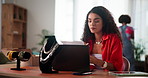 Fashion, jewelry and women with documents on laptop for inventory, planning and logistics for startup. Small business, office and person with accessories for jewel designers, production and cosmetics