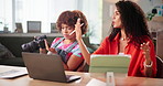 Camera, conversation and creative with women in photography office for small business startup discussion. Agency, laptop and review with photographer people in workplace for development or planning