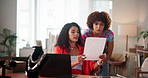 Fashion, jewelry and women with documents talking for discussion, planning and meeting for startup. Small business, office and people with accessories for jewel designers, production and cosmetics
