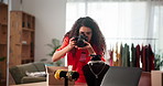 Shipping, photography and jewelry with woman in factory for small business, designer or ugc marketing. Ecommerce, online boutique and post with person in office for entrepreneur and creative startup