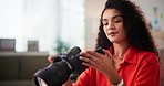 Home, woman and photographer with smile for camera, digital graphic and review photo for agency. House, female freelancer and creative editor with equipment for lens, photography and content creation