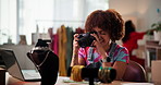 Woman, designer and camera for fashion with online shopping catalog, product and happy with necklace. Person, photography and smile with jewelry for marketing on web store with laptop in studio