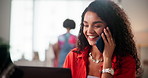 Woman, phone call and designer with smile in workshop, networking and fashion with contact for order. Person, smartphone and happy by laptop for e commerce, clothes and sales with distribution deal