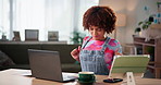 Creative, laptop and stretching with woman in office for research or small business startup as entrepreneur. Computer, posture and smile with happy employee in workplace for development or planning