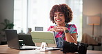 Video call, photographer and woman in office talking for client discussion, virtual meeting and chat. Creative, photography and person on digital tech for conversation, communication and consulting