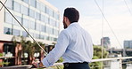 Business, vision and man with thinking outdoor for urban planning, investment opportunity and project inspiration. Finance investor, back and thoughtful on bridge for property development and ideas